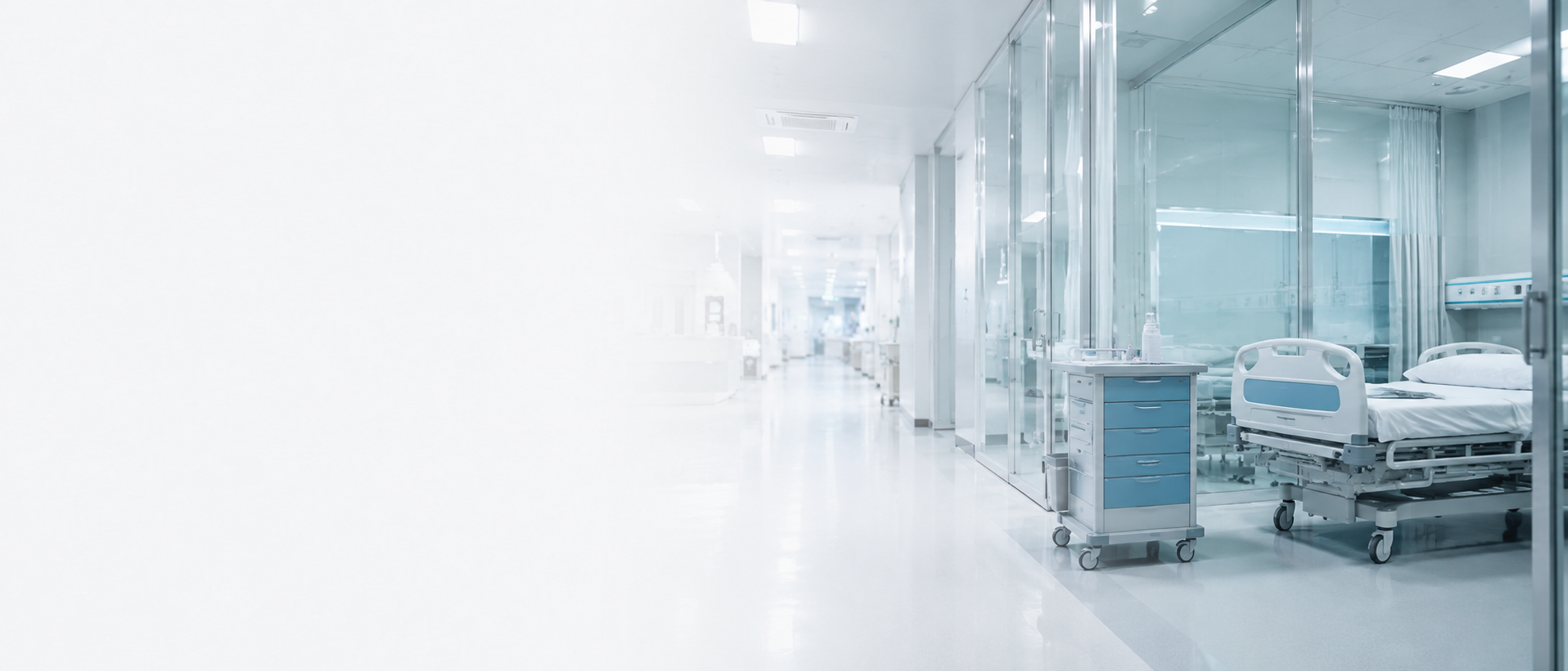 Clean modern hospital corridor with medical equipment and healthcare facility environment