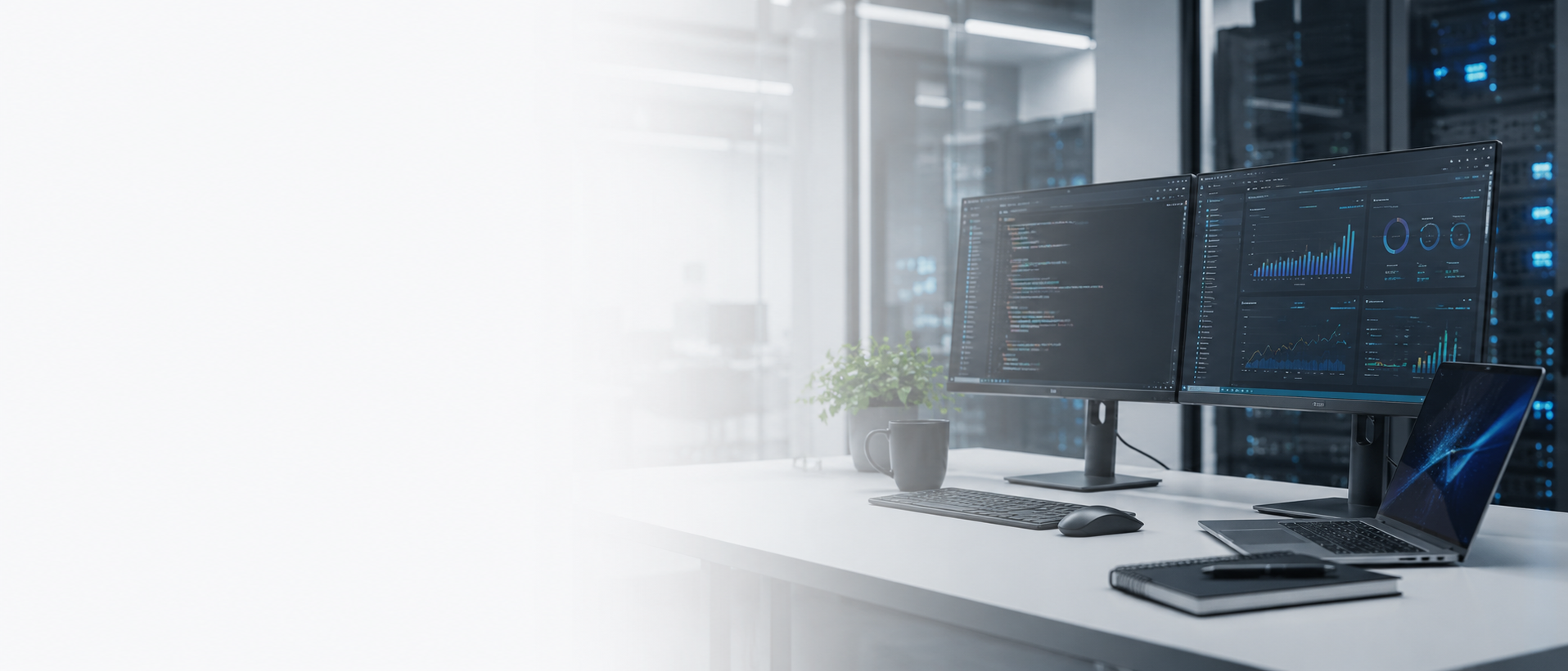 Modern IT and software company workspace with development monitors and coding environment